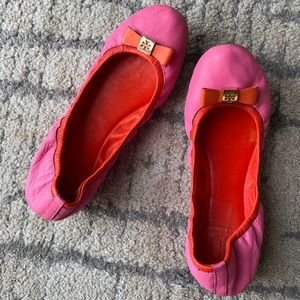 Tory Burch Eddie Bow Leather Ballet Flats Pink & Orange 8 M
